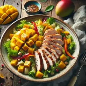 Salade met gerookte kipfilet, mango en paprika op een rustieke houten tafel