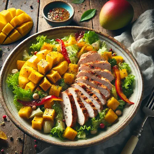 Salade met gerookte kipfilet, mango en paprika op een rustieke houten tafel