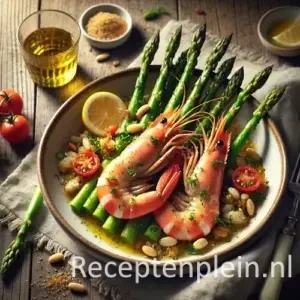 Scampi asperges op rustieke houten tafel