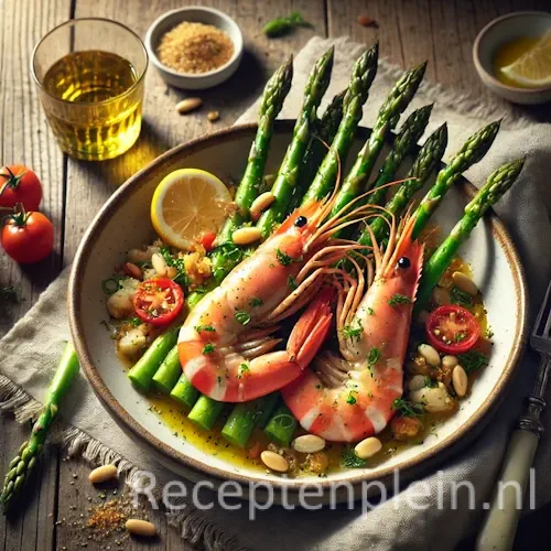Scampi asperges op rustieke houten tafel
