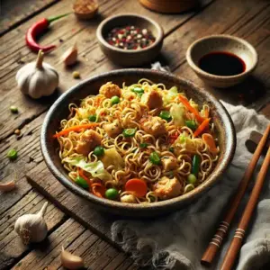 Snelle bami op rustieke houten tafel