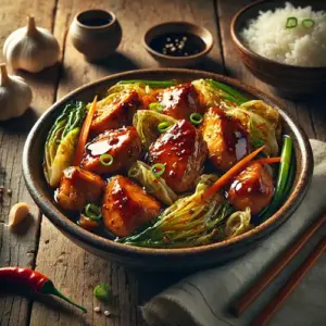 Sojakip met sajoer kool op rustieke houten tafel