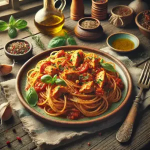 Spaghetti met kruidige kipsaus op rustieke houten tafel
