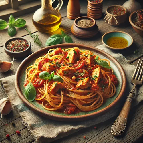 Spaghetti met kruidige kipsaus op rustieke houten tafel
