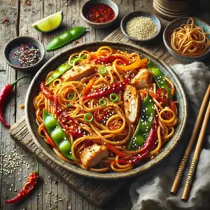 Sweet Chili Kipnoedels op rustieke houten tafel