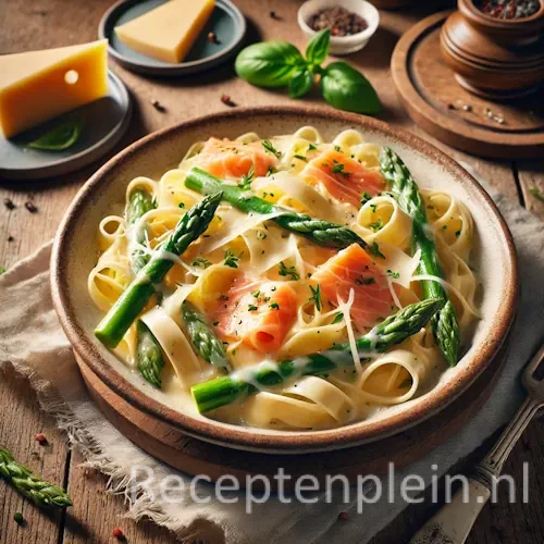 Tagliatelle met asperges en zalm op rustieke houten tafel