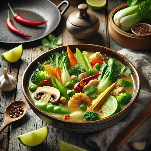 Thaise drumsticks met kokoscurry op rustieke houten tafel