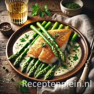 Tilapiafilet met asperges en wittewijnsaus op rustieke houten tafel
