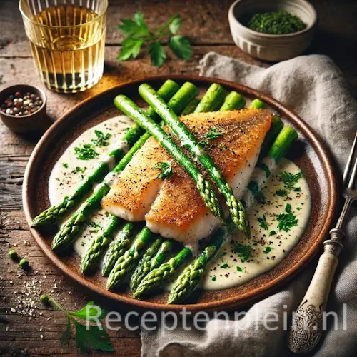 Tilapiafilet met asperges en wittewijnsaus op rustieke houten tafel