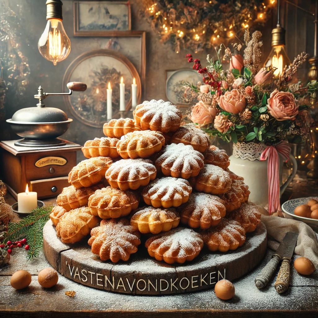 Een feestelijke presentatie van Vastenavondkoeken, traditionele Nederlandse gebakjes, goudbruin gefrituurd en royaal bestrooid met poedersuiker. De koeken liggen uitnodigend gestapeld op een rustieke houten schaal, omringd door decoratieve bloemen en linten, met een warme en gezellige sfeer op de achtergrond.
