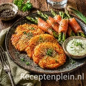 Wortel-aardappelkoeken met asperges in gerookte zalm op rustieke houten tafel