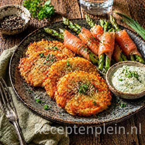 Wortel-aardappelkoeken met asperges in gerookte zalm op rustieke houten tafel