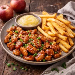 Zoete kip met frieten en appelmoes op rustieke houten tafel