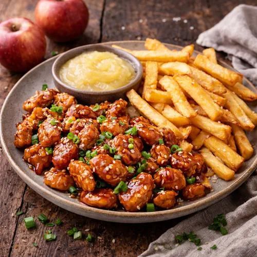Zoete kip met frieten en appelmoes op rustieke houten tafel