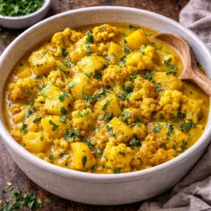 Aardappel bloemkoolcurry op rustieke houten tafel