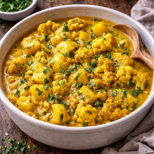 Aardappel bloemkoolcurry op rustieke houten tafel