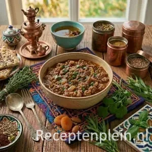 Afghaanse gehaktsaus op een rustieke houten tafel.