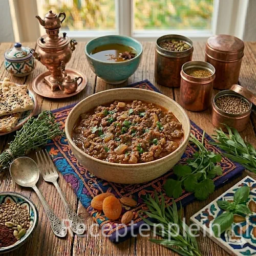 Afghaanse gehaktsaus op een rustieke houten tafel.