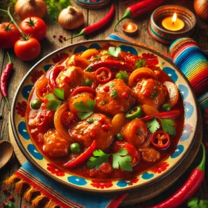 Ajam Ketjap, malse kipstukken gesmoord in een rijke ketjapsaus met tomaten, uien, knoflook en pepers, gegarneerd met verse koriander en rode chili. Een smaakvol Indonesisch gerecht met een diep gekruide saus, perfect geserveerd met rijst.