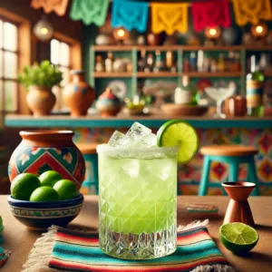 Een Mexicaans gepresenteerde cocktail genaamd 'Army Special', geserveerd in een elegant cocktailglas met een lichte groene tint. Het drankje is gemaakt van wodka, gin en limoensap, geserveerd met gecrusht ijs. Het glas heeft een suikerrand als finishing touch en is gegarneerd met een schijfje limoen. De tafel is versierd met kleurrijke Mexicaanse textiel, een kleine kom met limoenen en feestelijke accenten zoals een kleivaas. De achtergrond toont een levendige Mexicaanse keuken met rustieke accenten, terracottategels en warm natuurlijk licht. Er zijn geen flessen, etiketten of teksten zichtbaar op objecten.