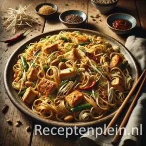 Hyper-realistische foodfoto van bahmi speciaal met bamboescheuten en kip: roergebakken eiernoedels met malse stukjes kip, dunne reepjes bamboescheut, taugé, bosui en rode chilipeper, geserveerd op een groot ondiep keramisch bord op een rustieke houten tafel. De compositie is licht uitgezoomd zodat de houtstructuur duidelijk zichtbaar is. De noedels glanzen licht van de sojasaus. Naast het bord liggen houten eetstokjes, een schaaltje sambal, losse bamboescheuten en een linnen doek, verlicht met warm natuurlijk daglicht voor een levendige premium food magazine uitstraling.