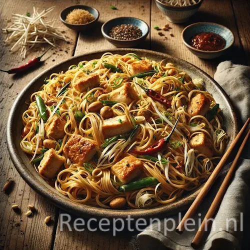 Hyper-realistische foodfoto van bahmi speciaal met bamboescheuten en kip: roergebakken eiernoedels met malse stukjes kip, dunne reepjes bamboescheut, taugé, bosui en rode chilipeper, geserveerd op een groot ondiep keramisch bord op een rustieke houten tafel. De compositie is licht uitgezoomd zodat de houtstructuur duidelijk zichtbaar is. De noedels glanzen licht van de sojasaus. Naast het bord liggen houten eetstokjes, een schaaltje sambal, losse bamboescheuten en een linnen doek, verlicht met warm natuurlijk daglicht voor een levendige premium food magazine uitstraling.