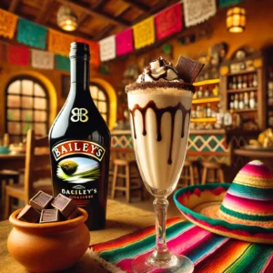 Een Mexicaans gepresenteerde 'Bailey's Shake', geserveerd in een champagneflute. De romige milkshake heeft een lichte bruine kleur en een gladde textuur, gemaakt van Baileys, chocoladesiroop, melk en vanille-ijs. Het drankje is gegarneerd met een swirl van chocoladesiroop bovenop. De tafel is gedecoreerd met kleurrijke Mexicaanse textiel, een kleine kleikom met chocoladestukjes en feestelijke accenten zoals een decoratieve sombrero. De achtergrond toont een warme Mexicaanse keuken met rustieke houten accenten, terracottategels en vrolijke decoraties. Er is geen tekst of label zichtbaar op glazen, flessen of andere oppervlakken.