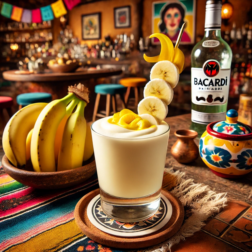 Een Mexicaans gepresenteerde cocktail genaamd 'Banana Daiquiri', geserveerd in een klassiek cocktailglas. Het drankje heeft een romige lichtgele kleur en een gladde textuur, gemaakt van witte Bacardi, citroensap, suikerwater en banaan. Het glas is gegarneerd met een decoratief prikkertje met een schijfje banaan en citroen. De tafel is versierd met kleurrijke Mexicaanse textiel, een kleine kleikom met bananen en feestelijke accenten. De achtergrond toont een levendige Mexicaanse setting met rustieke houten accenten, terracottategels en warm natuurlijk licht. Er is geen tekst of label zichtbaar op glazen, flessen of oppervlakken.