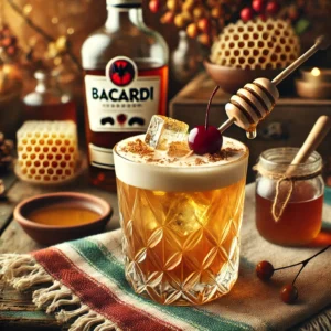 Een elegant gepresenteerde cocktail gemaakt met bruine Bacardi rum, honing, slagroom en ijsblokjes, geserveerd in een klassiek whiskeyglas. De cocktail heeft een romige lichtkaramelkleur en is gegarneerd met een decoratief prikkertje met een cocktailkers. De tafel is versierd met warme, feestelijke decoraties, kleurrijke textiel en een kleine kleikom met honingraat. De achtergrond toont een gezellige en uitnodigende sfeer met natuurlijke verlichting en houten accenten. Er is geen tekst of label zichtbaar op glazen, flessen of oppervlakken.