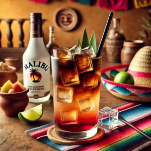 Een tropische cocktail genaamd 'Black Pearl', geserveerd in een hoog longdrinkglas gevuld met ijsblokjes. Het drankje heeft een gelaagde kleur met tinten rood, donkerbruin en licht amber, gemaakt van Malibu, Flügel en cola. Het glas is gegarneerd met een slank zwart rietje. De tafel is gedecoreerd met kleurrijke Mexicaanse textiel, een kleine kleikom met tropisch fruit en feestelijke accenten zoals een decoratieve sombrero. De achtergrond toont een levendige Mexicaanse setting met rustieke houten accenten, terracottategels en warm natuurlijk licht. Er zijn geen teksten of etiketten zichtbaar op glazen, flessen of oppervlakken.