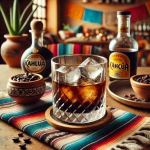Een klassieke cocktail genaamd 'Black Russian', geserveerd in een whiskeyglas met ijsblokjes. Het drankje heeft een diepe, rijke bruine kleur, gemaakt van wodka en Kahlua. De presentatie is minimalistisch en elegant, zonder zichtbare teksten of labels op glazen, flessen of andere objecten. De tafel is gedecoreerd met kleurrijke Mexicaanse textiel, een kleine kleikom met koffiebonen en feestelijke accenten. De achtergrond toont een gezellige Mexicaanse setting met rustieke houten accenten, terracottategels en warm natuurlijk licht.