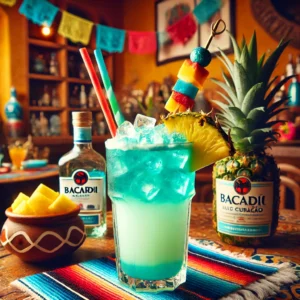 Een tropische cocktail genaamd 'Blue Hawaiian', geserveerd in een hoog longdrinkglas met een levendige turquoise kleur. Het drankje is gemaakt van witte Bacardi, blue curaçao, ananassap, kokosroom, gecrusht ijs en ijsblokjes. Het glas is gegarneerd met twee kleurrijke rietjes en een tropisch fruitsatéstokje. De tafel is gedecoreerd met kleurrijke Mexicaanse textiel, een kleine kleikom met verse ananas en feestelijke accenten. De achtergrond toont een levendige Mexicaanse setting met rustieke houten accenten, terracottategels en warm natuurlijk licht. Er zijn geen teksten of etiketten zichtbaar op glazen, flessen of oppervlakken.