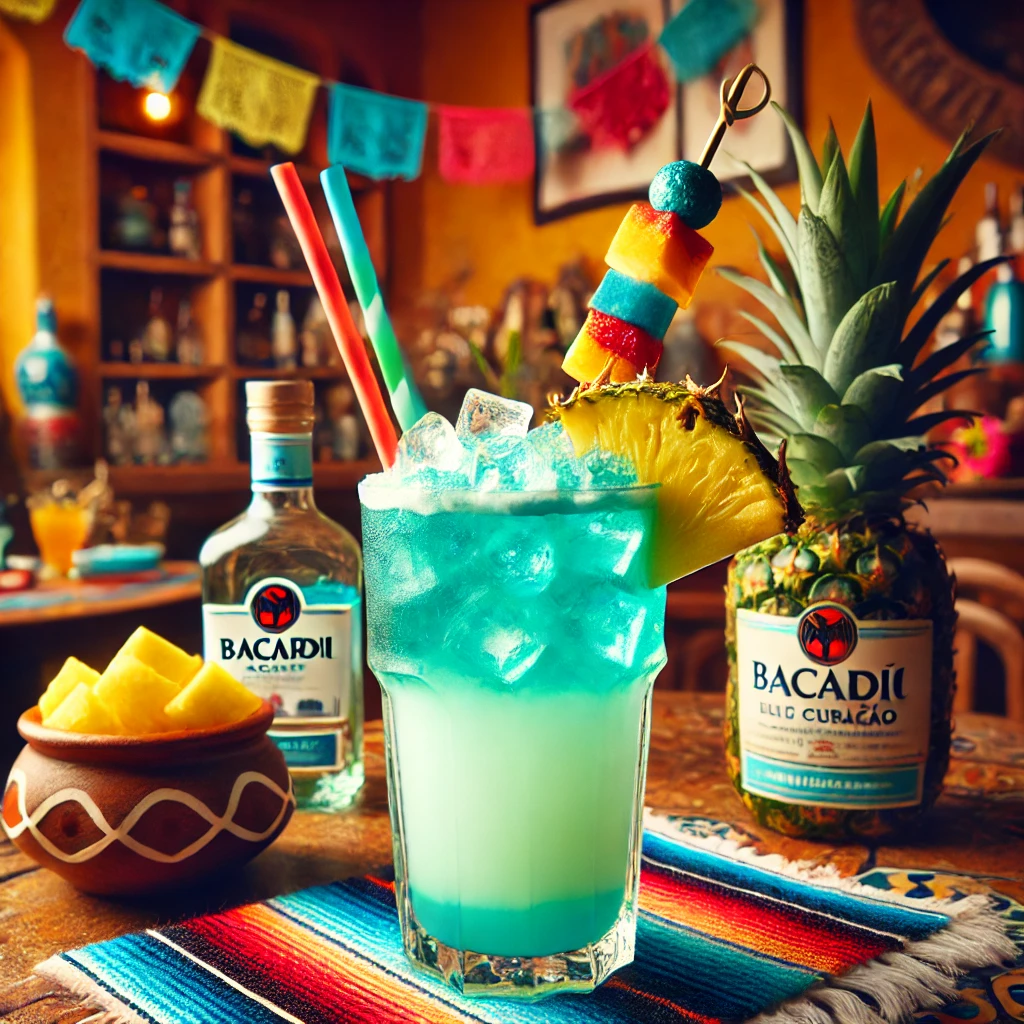 Een tropische cocktail genaamd 'Blue Hawaiian', geserveerd in een hoog longdrinkglas met een levendige turquoise kleur. Het drankje is gemaakt van witte Bacardi, blue curaçao, ananassap, kokosroom, gecrusht ijs en ijsblokjes. Het glas is gegarneerd met twee kleurrijke rietjes en een tropisch fruitsatéstokje. De tafel is gedecoreerd met kleurrijke Mexicaanse textiel, een kleine kleikom met verse ananas en feestelijke accenten. De achtergrond toont een levendige Mexicaanse setting met rustieke houten accenten, terracottategels en warm natuurlijk licht. Er zijn geen teksten of etiketten zichtbaar op glazen, flessen of oppervlakken.