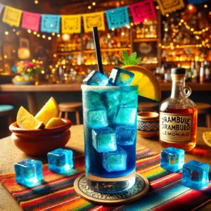 Een opvallende cocktail genaamd 'Blue Monday', geserveerd in een hoog longdrinkglas. Het drankje heeft een diepe blauwe kleur, gemaakt van tequila, Drambuie, blue curaçao en limonade, met ijsblokjes en glinsterende blauwe ijsblokjes voor een spectaculair effect. Het glas is gegarneerd met een stijlvol zwart rietje. De tafel is gedecoreerd met kleurrijke Mexicaanse textiel, een kleine kleikom met citrusvruchten en feestelijke accenten. De achtergrond toont een levendige Mexicaanse setting met rustieke houten accenten, terracottategels en warm natuurlijk licht. Er zijn geen teksten of etiketten zichtbaar op glazen, flessen of oppervlakken.