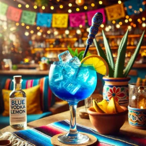 Een levendige cocktail genaamd 'Blue Mystery', geserveerd in een breed uitlopend longdrinkglas. Het drankje heeft een opvallende blauwe kleur, gemaakt van blauwe wodka en bitter lemon, en wordt geserveerd met ijsblokjes. In het glas bevindt zich een decoratief roerstaafje. De tafel is gedecoreerd met kleurrijke Mexicaanse textiel, een kleine kleikom met citrusvruchten en feestelijke accenten. De achtergrond toont een levendige Mexicaanse setting met rustieke houten accenten, terracottategels en warm natuurlijk licht. Er zijn geen teksten of etiketten zichtbaar op glazen, flessen of oppervlakken.