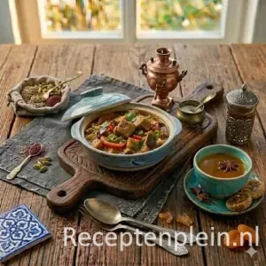 Bonjan chalow Afghaans gerecht op een rustieke houten tafel.