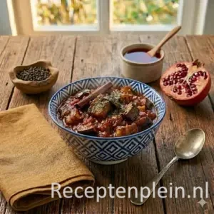 Bonjan salat auberginesalade op een rustieke houten tafel.