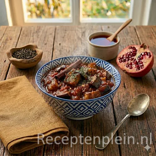 Bonjan salat auberginesalade op een rustieke houten tafel.
