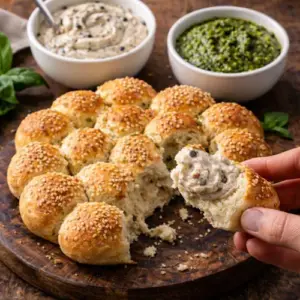Ronde, goudbruine sesambroodjes op een houten plank, geserveerd met romige zwarte olijvenmayonaise en groene pesto in aparte witte schaaltjes. Een hand dipt een stuk brood in de mayonaise voor een smakelijk borrelmoment.