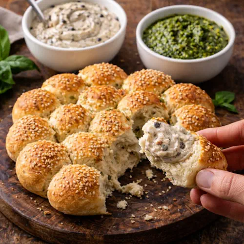 Ronde, goudbruine sesambroodjes op een houten plank, geserveerd met romige zwarte olijvenmayonaise en groene pesto in aparte witte schaaltjes. Een hand dipt een stuk brood in de mayonaise voor een smakelijk borrelmoment.