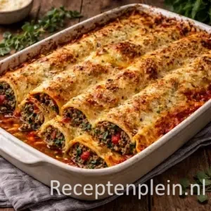 Cannelloni met gehakt, spinazie en tomatensaus op een rustieke houten tafel.