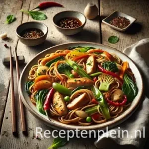 Hyperrealistische foodfoto van Chinese roerbakmie met stukjes kip en kleurrijke groenten zoals paksoi, broccoli, paprika en wortel, geserveerd in een rustieke keramische schaal op een houten tafel. De mie glanst licht van een sojasaus en is gegarneerd met lente-ui en rode chili. Op de achtergrond staan schaaltjes sojasaus, eetstokjes en een linnen servet in warm natuurlijk licht met zachte schaduwen.