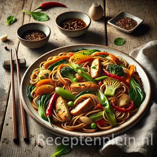 Hyperrealistische foodfoto van Chinese roerbakmie met stukjes kip en kleurrijke groenten zoals paksoi, broccoli, paprika en wortel, geserveerd in een rustieke keramische schaal op een houten tafel. De mie glanst licht van een sojasaus en is gegarneerd met lente-ui en rode chili. Op de achtergrond staan schaaltjes sojasaus, eetstokjes en een linnen servet in warm natuurlijk licht met zachte schaduwen.