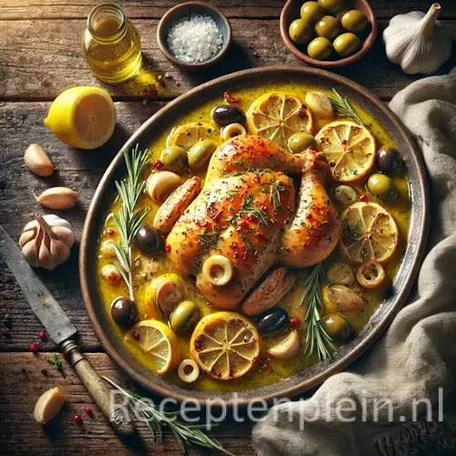 Hyperrealistische foodfoto van citroenkip met knoflook en olijven geserveerd op een grote ovale keramische schaal op een rustieke houten tafel, licht uitgezoomd zodat het tafelblad zichtbaar is. De goudbruin geroosterde kip is omringd door groene en zwarte olijven, schijfjes citroen, teentjes knoflook en takjes rozemarijn in een glanzende citroensaus. Op tafel liggen een halve citroen, een schaaltje olijven, grof zeezout, brood en een linnen doek in warm mediterraan natuurlijk licht met een premium foodmagazine uitstraling.