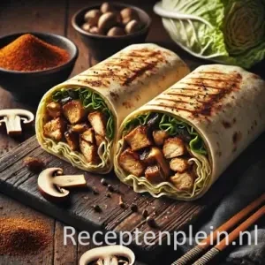 Five spice wok roll met gewokte kip shii take en Chinese kool op rustieke houten tafel met wokgerecht en groenten