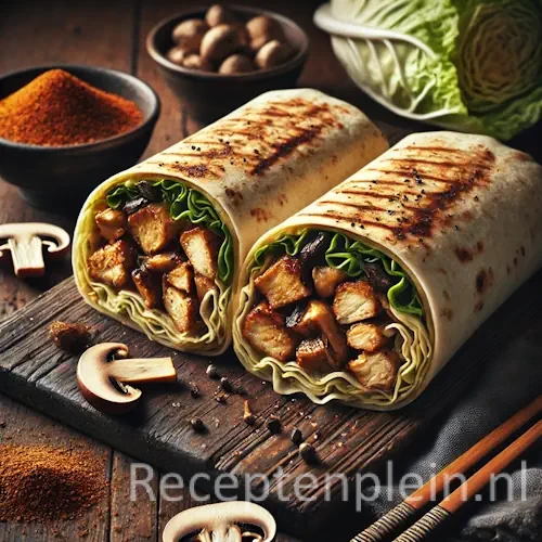 Five spice wok roll met gewokte kip shii take en Chinese kool op rustieke houten tafel met wokgerecht en groenten