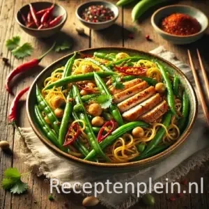 frisse sambalboontjes mie kip in wok op rustieke houten tafel met groenten