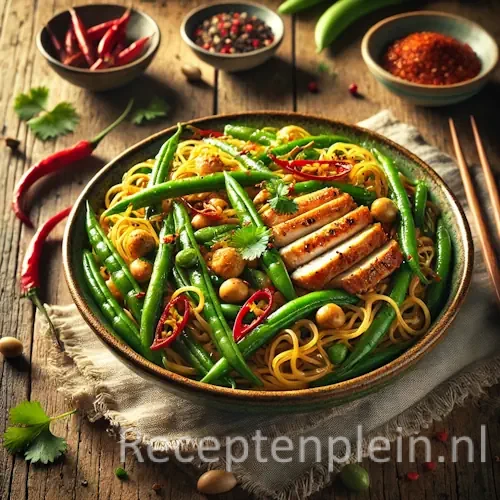 frisse sambalboontjes mie kip in wok op rustieke houten tafel met groenten