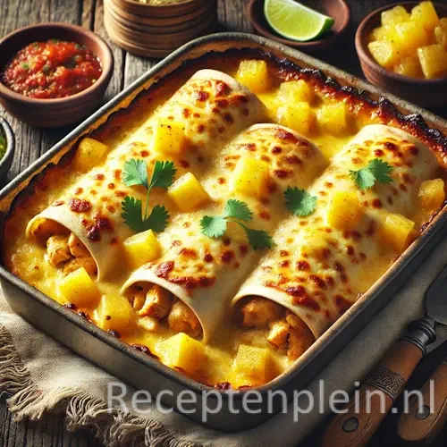 Gegratineerde burrito’s met ananas en kip uit de oven op houten tafel
