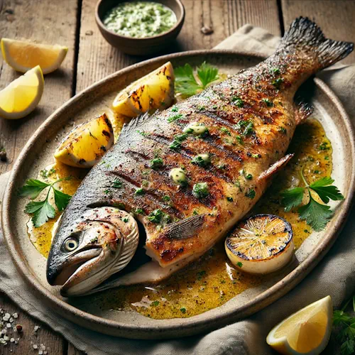 Gegrilde Forel met Citroen-Peterselie Boter op rustieke houten tafel